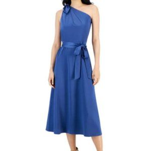 ANNE KLEIN Women’s Blue Jay One Shoulder Tie Satin Midi Dress 4 NEW